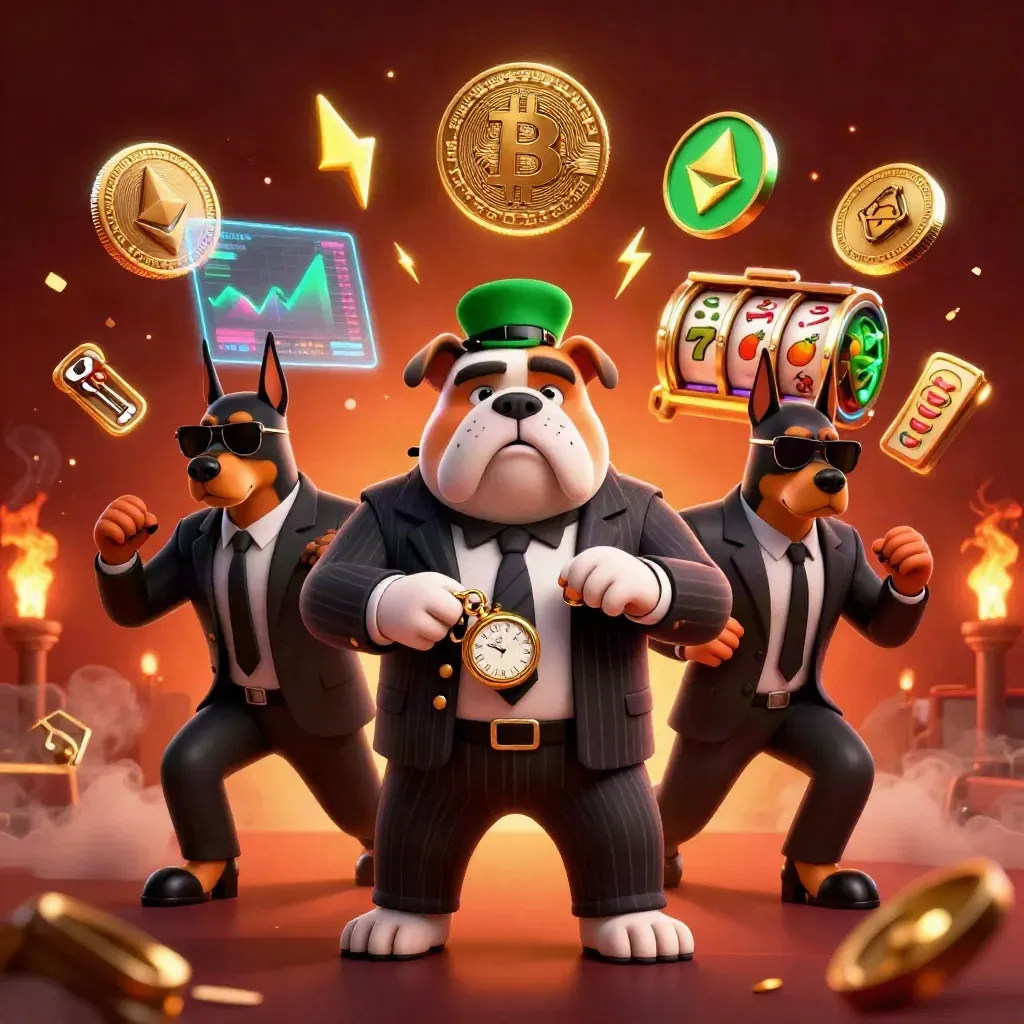 Mobster bulldog and Dobermans amid neon crypto coins, reels, embers, and casino energy.
