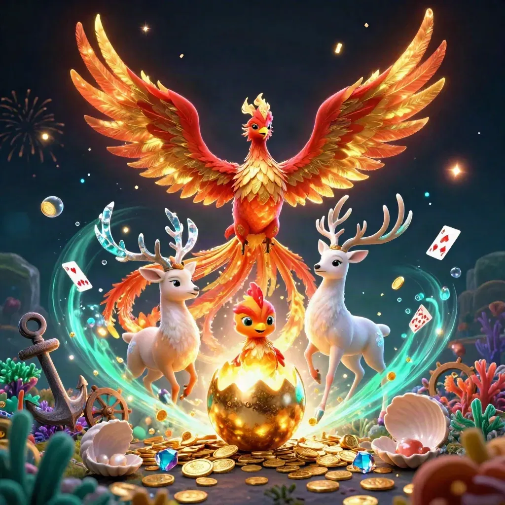 Phoenix, hatchling, and crystal stag burst from gold, coral, coins, and bubbles in a luxe dark casino scene.