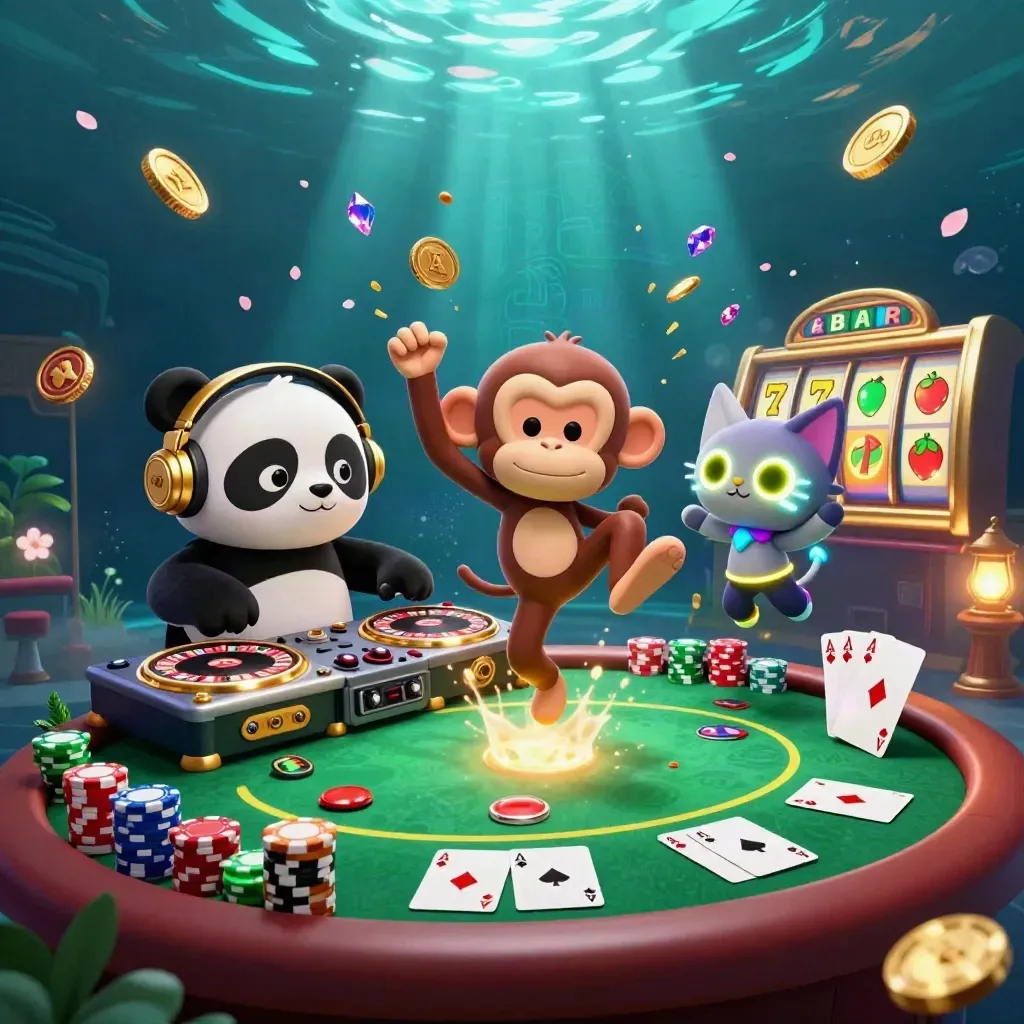 DJ panda, dancing monkey and glow-stick kitten in a neon underwater casino burst with chips and roulette wheels