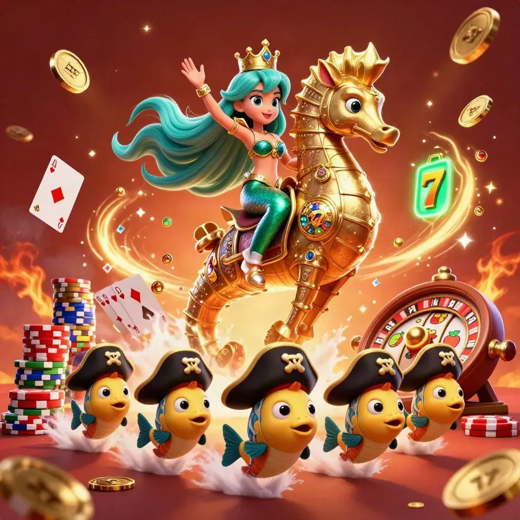 Mermaid princess rides a golden seahorse amid coins, cards, chips and a roulette wheel in fiery casino light