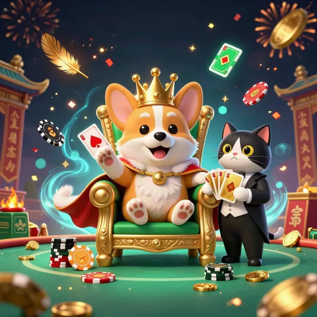 Royal corgi king and cat butler amid casino treasure, magic effects, and glowing chips.