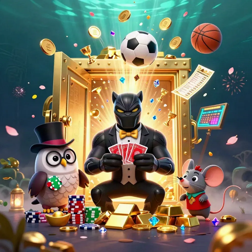 Tuxedo panther, owl, and mouse amid a bursting vault, coins, gems, and neon casino fireworks.