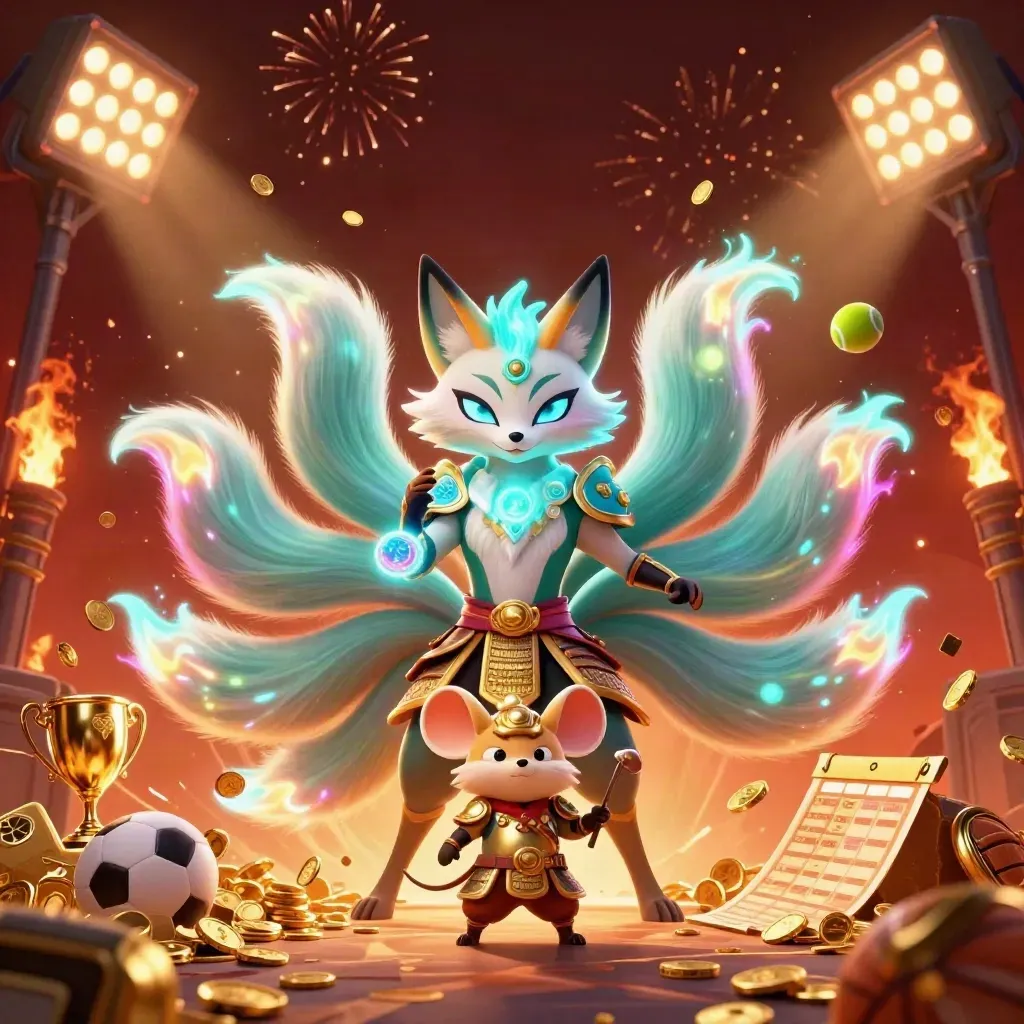 Fox spirit and armored mouse amid exploding coins, trophy, balls, and fireworks in a luxe casino glow