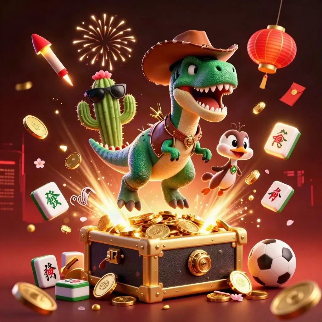 Cowboy T-Rex, cactus sidekick, and roadrunner burst amid gold coins, lanterns, fireworks, and casino glow.