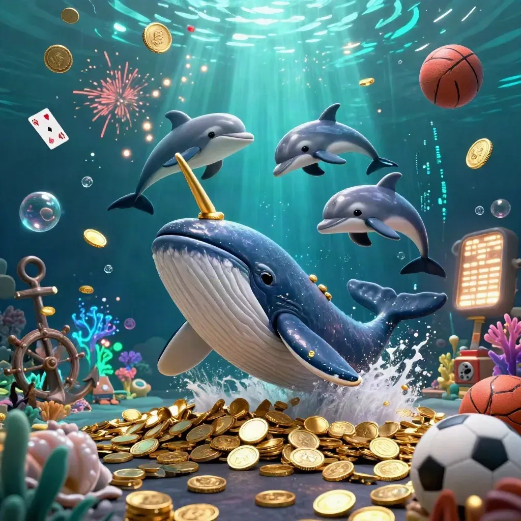 Whale captain, narwhal, and dolphins in a coin-filled underwater treasure burst