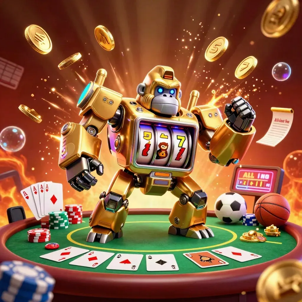 Golden gorilla mech, monkey pilot, poker chaos, coins, fireworks, and casino energy