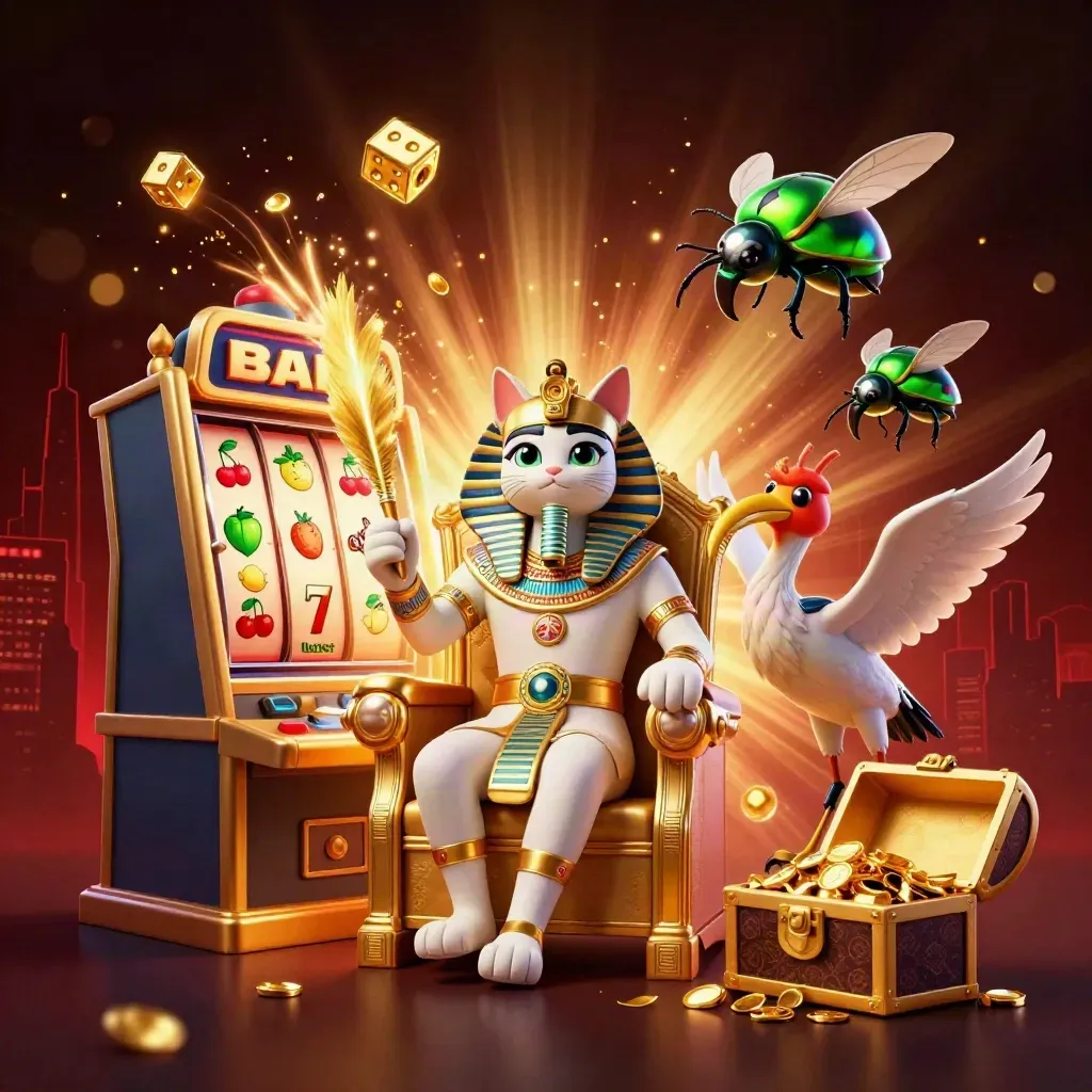 Pharaoh cat, ibis scribe, scarabs, slot symbols and gold bursting in a dark casino scene.