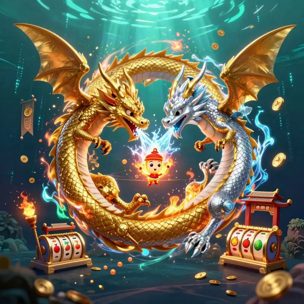 Gold and silver dragons spiral with fire and ice in a neon casino fantasy scene.
