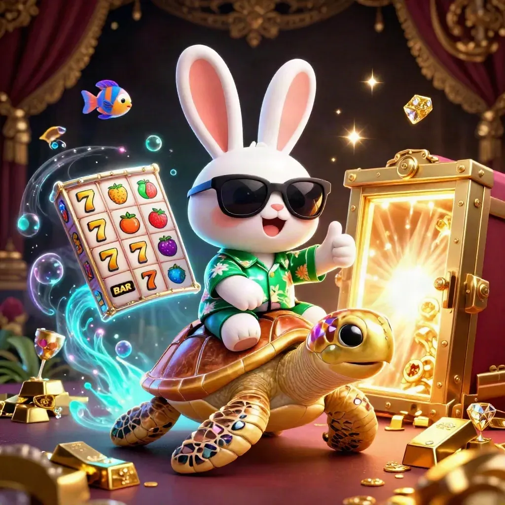 Rabbit on gem turtle with gold vault, fish, reels, gems, cyan glow, luxe casino art