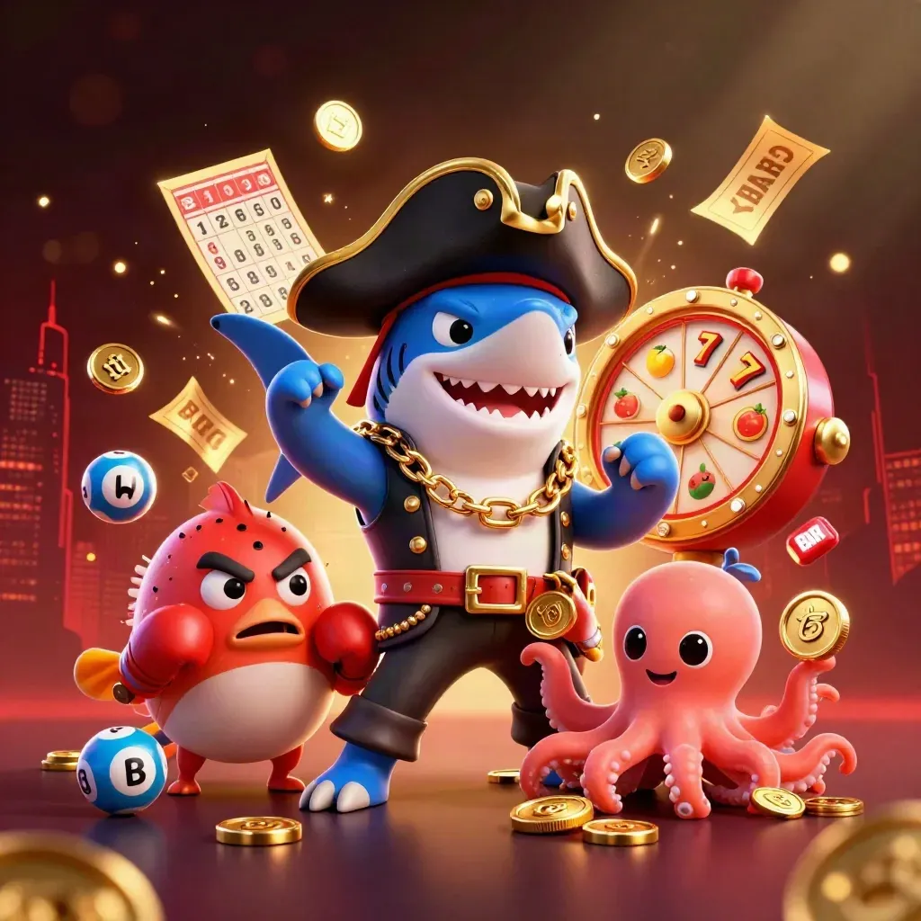 Pirate shark, boxing pufferfish, and coin-juggling octopus amid casino bursts and gold light