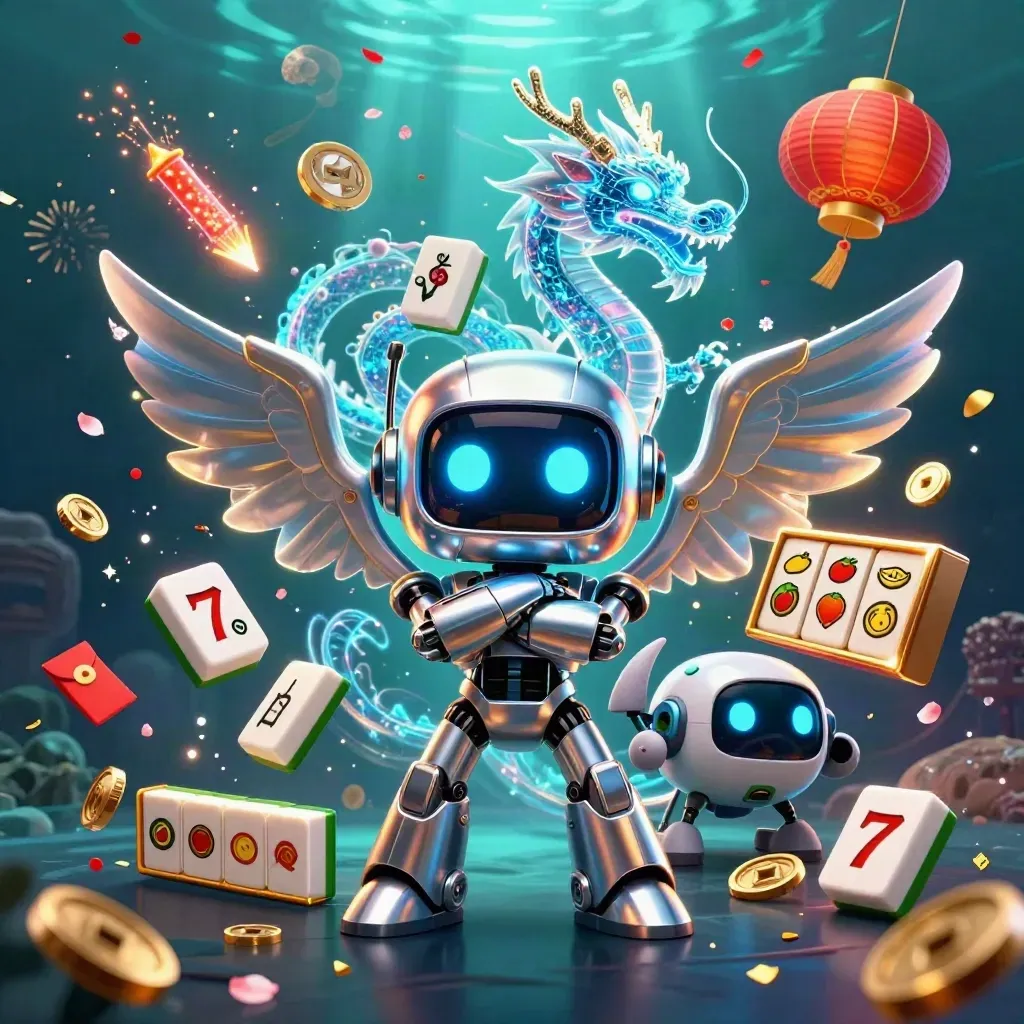 Robot, AI dragon, and coin drone amid casino symbols in neon underwater light.