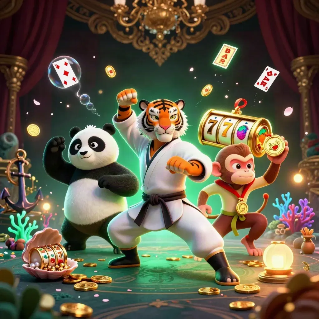 Kung-fu tiger, panda, and monkey amid casino treasure, coins, reels, and glowing underwater loot