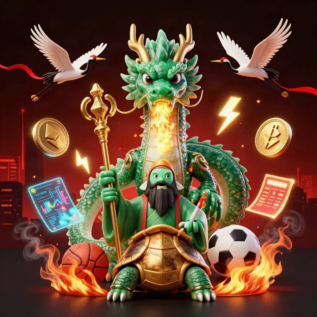 Dragon, turtle sage, and cranes amid coins, fire, and neon casino energy in a dark red backdrop.