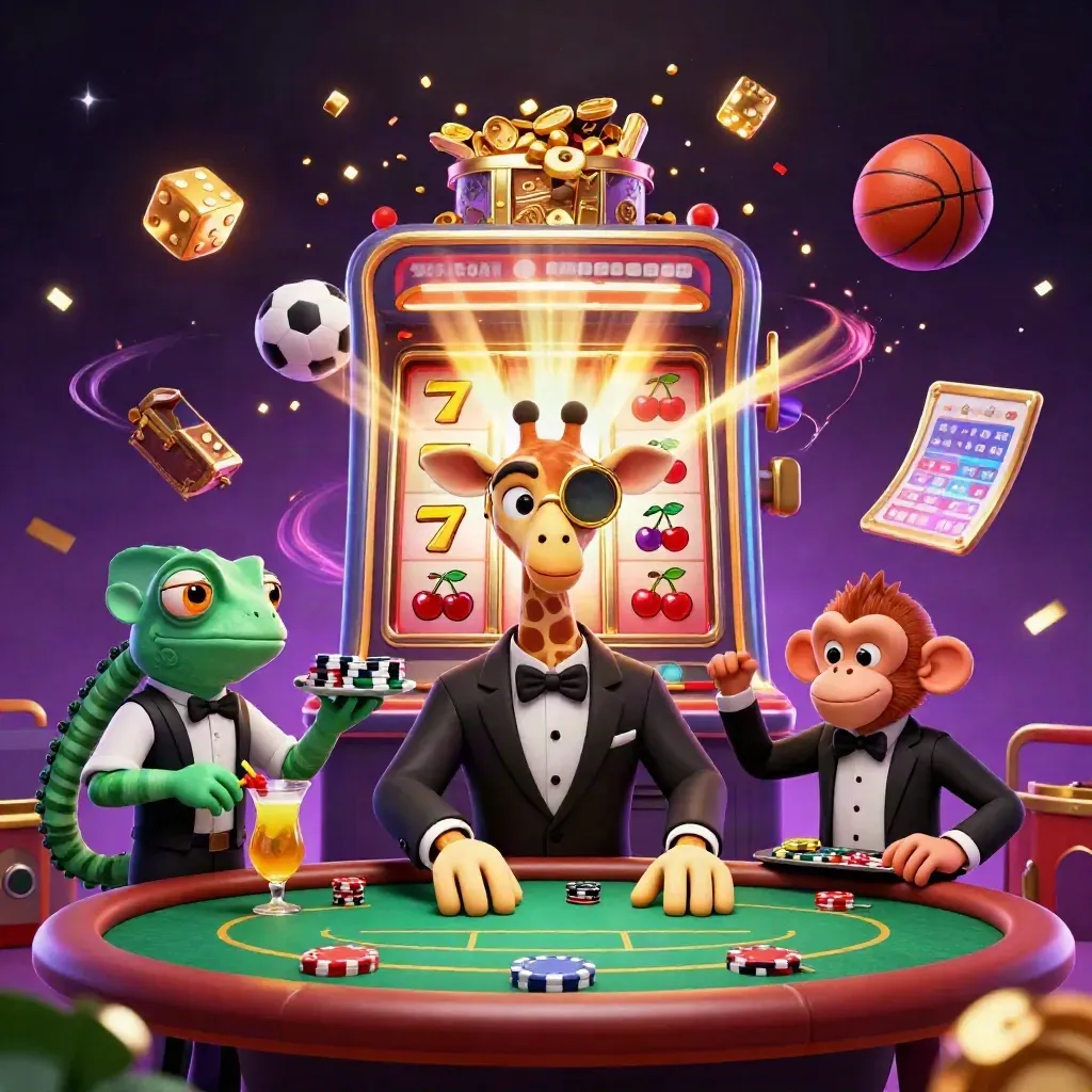 Giraffe, monkey, and chameleon by a bursting slot machine with gold and neon casino effects.