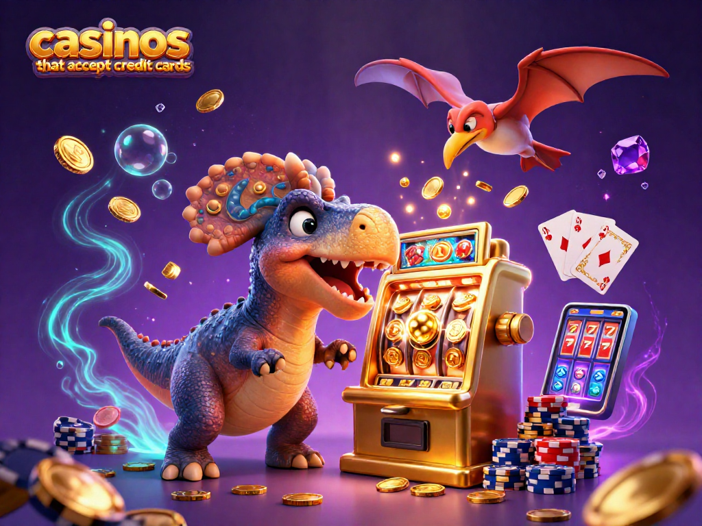 Headbutting pachycephalosaurus in action at casinos that accept credit cards, surrounded by golden coins.
