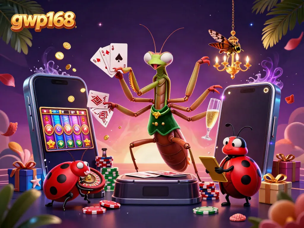 Permainan ditemani mantis raksasa dari gwp168 yang sedang membagikan kartu di kasino online.