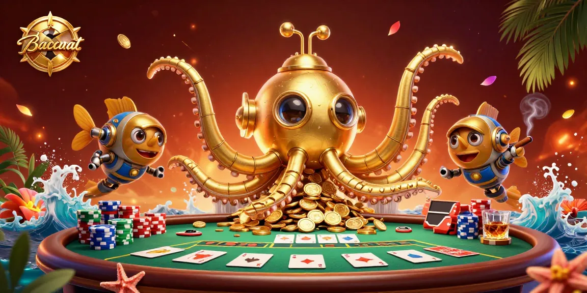 Baccarat gameplay illustration with a golden kraken submarine and a dynamic poker scene featuring colorful chips.