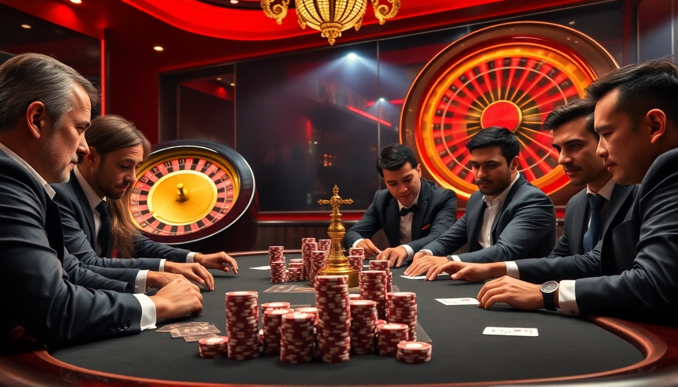 Exciting gambling scene at HM88 with players at a poker table surrounded by chips and a roulette wheel.