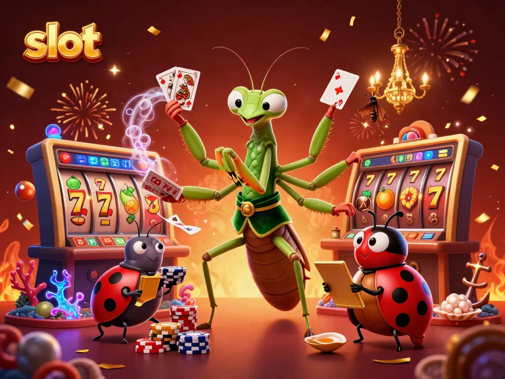 Menangkan slot dengan tampilan luar biasa dari mantis raksasa, pengurus dan efek berkilau.