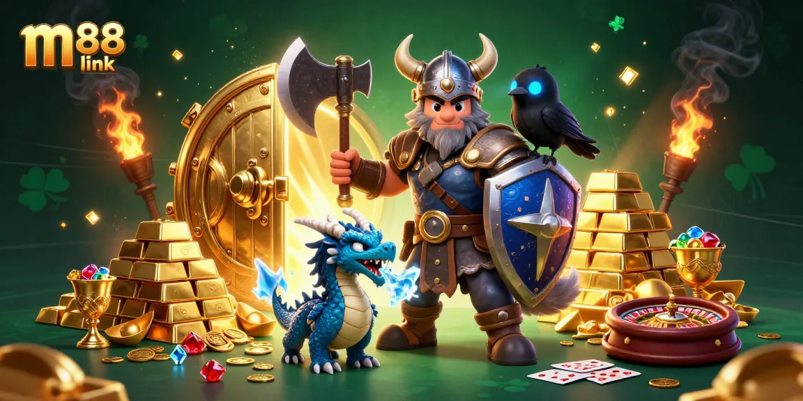 Khám phá thế giới sôi động của m88 link với hình ảnh chiến binh sói Viking và kho báu từ thế giới casino.
