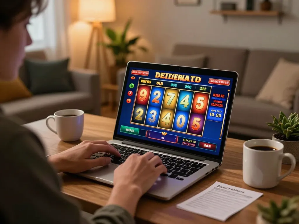 Player engaging in thrilling online slots gameplay on 32win while enjoying a cozy home atmosphere