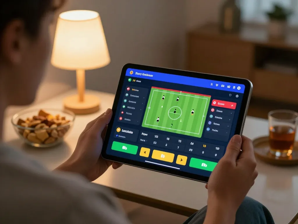 hm88 player engaging in online sports betting on tablet in cozy home setting