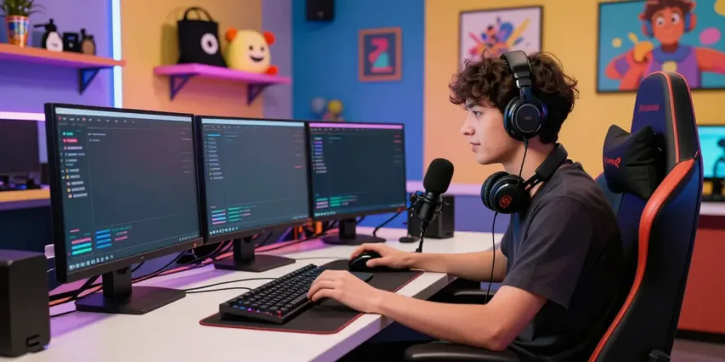 Rajawali77 dalam studio streaming virtual yang cerah dengan pembuat konten muda