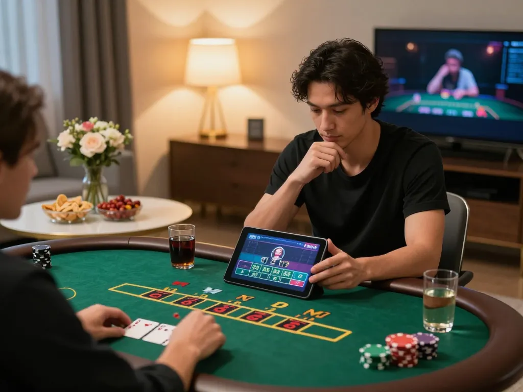Engaging player strategizing blackjack on luck8 tablet at cozy home setup.