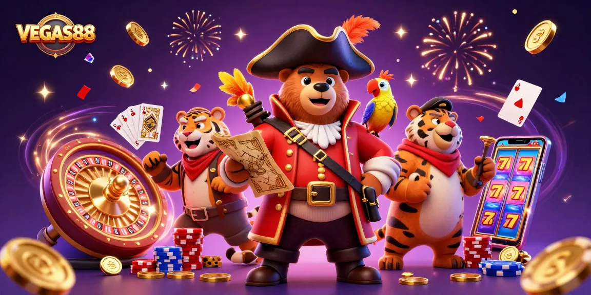 Engage with VEGAS88's thrilling gaming experience featuring vibrant 3D characters and dazzling casino elements.
