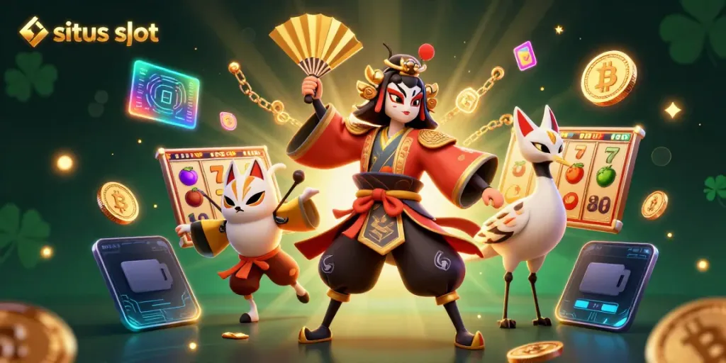 Ilustrasi situs slot dengan pejuang kabuki dan elemen permainan slot yang dinamis.
