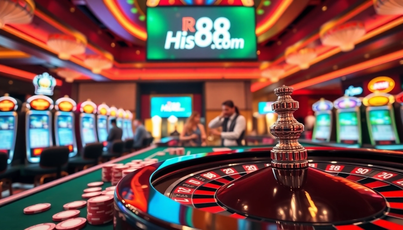 Engaging casino scene with poker chips and Hi88.com logo showcasing excitement in gambling.