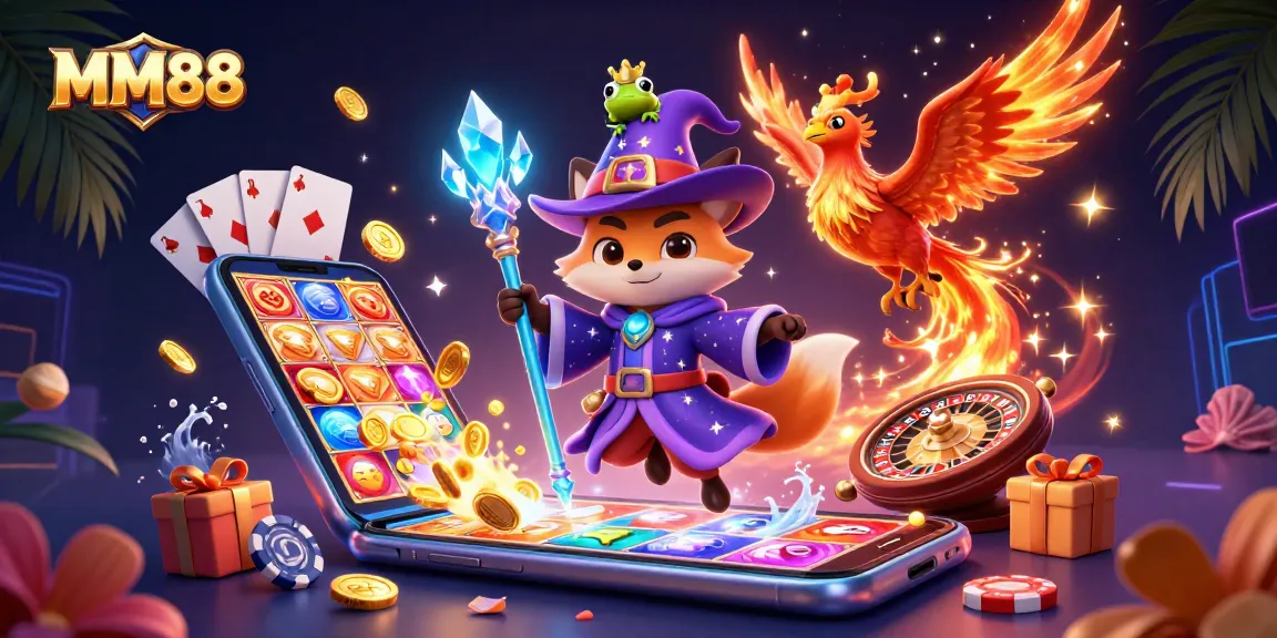Spin and win at MM88 with an enchanting wizard fox, phoenix, and 3D slot game elements.
