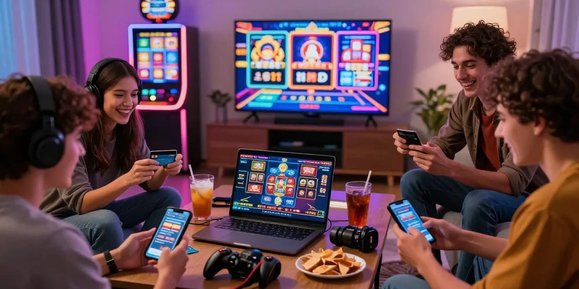 Friends exploring online casinos that accept credit cards in a cozy living room with snacks and vibrant game visuals.