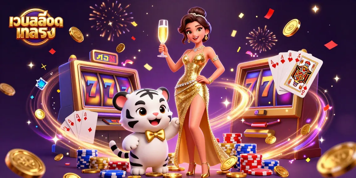 Experience excitement with เว็บสล็อตตรง in a slot machine-themed celebration illustration.