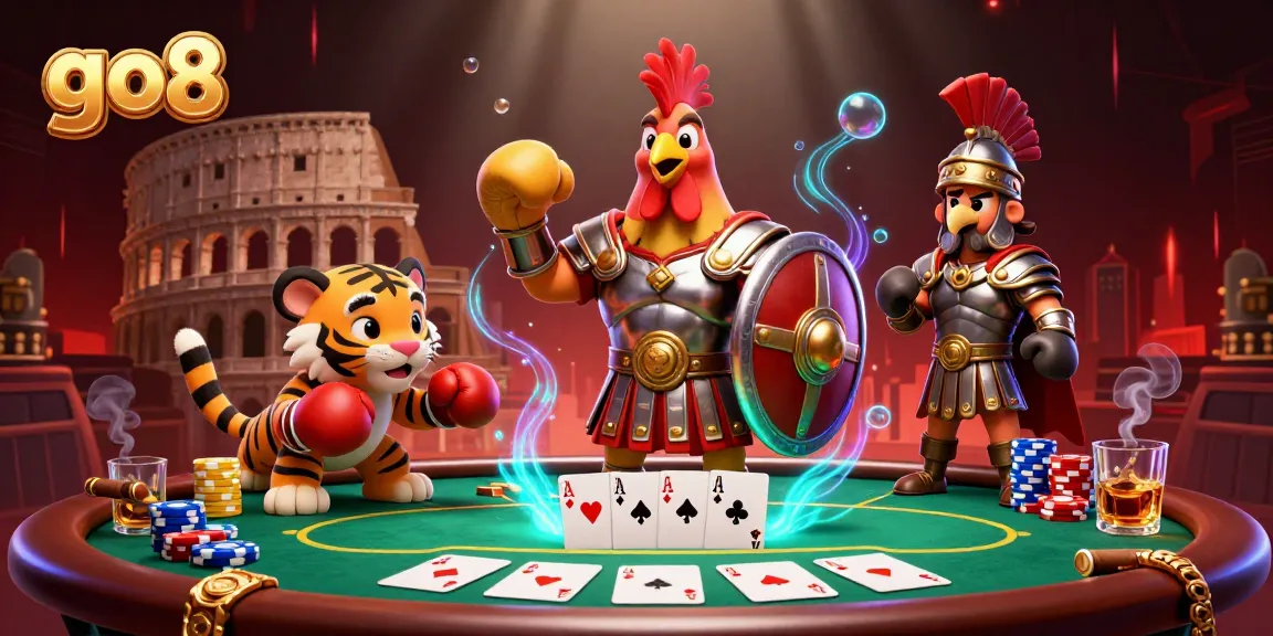 Experience thrilling action at go8 with a vibrant 3D casino scene featuring a rooster champion and dynamic gambling elements.