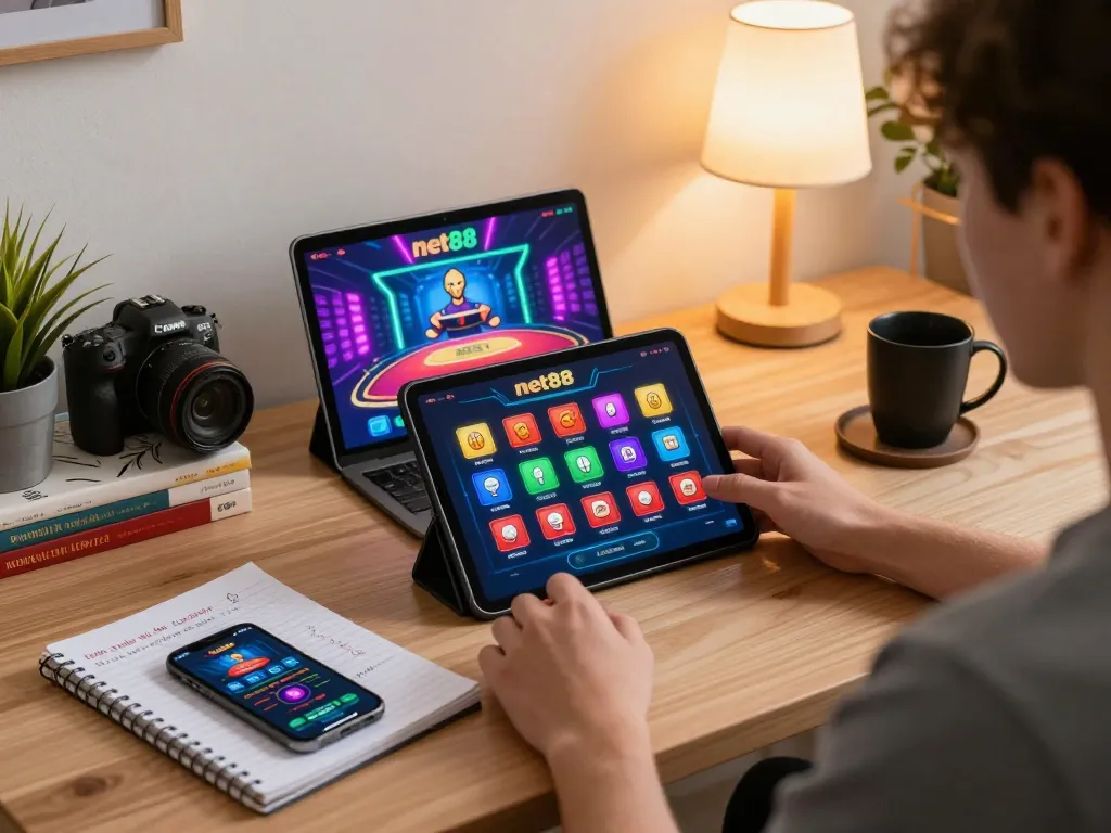 Engaging with the net88 casino app on a tablet during a cozy gaming session enhancing responsible gambling.