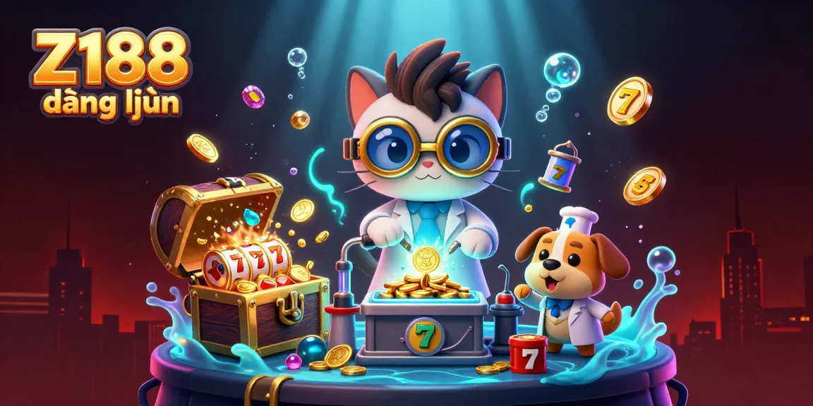 Z188 đăng nhập using a vibrant online casino theme showing a mad scientist cat and dog with slot machine elements.