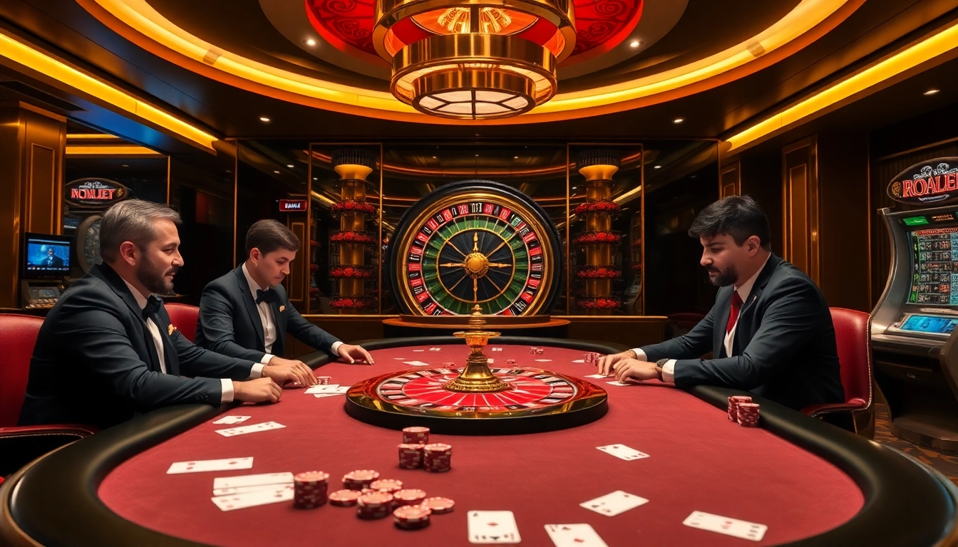 Experience the luxury of GG88 at an upscale casino with poker tables, chips, and a roulette wheel.
