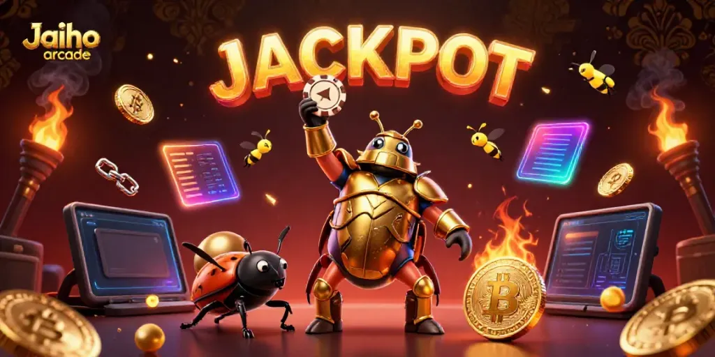 Engage in thrilling gaming with Jaiho arcade's vibrant illustration of beetle characters amidst crypto symbols.