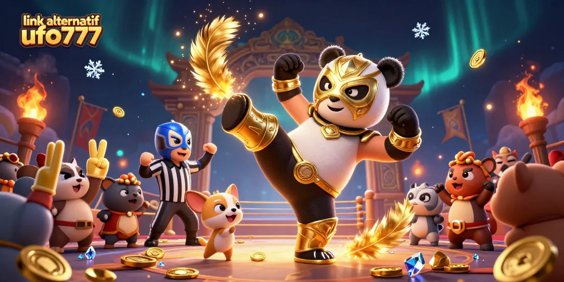 Engage with the excitement of link alternatif ufo777 through a dynamic casino scene featuring a wrestling panda.
