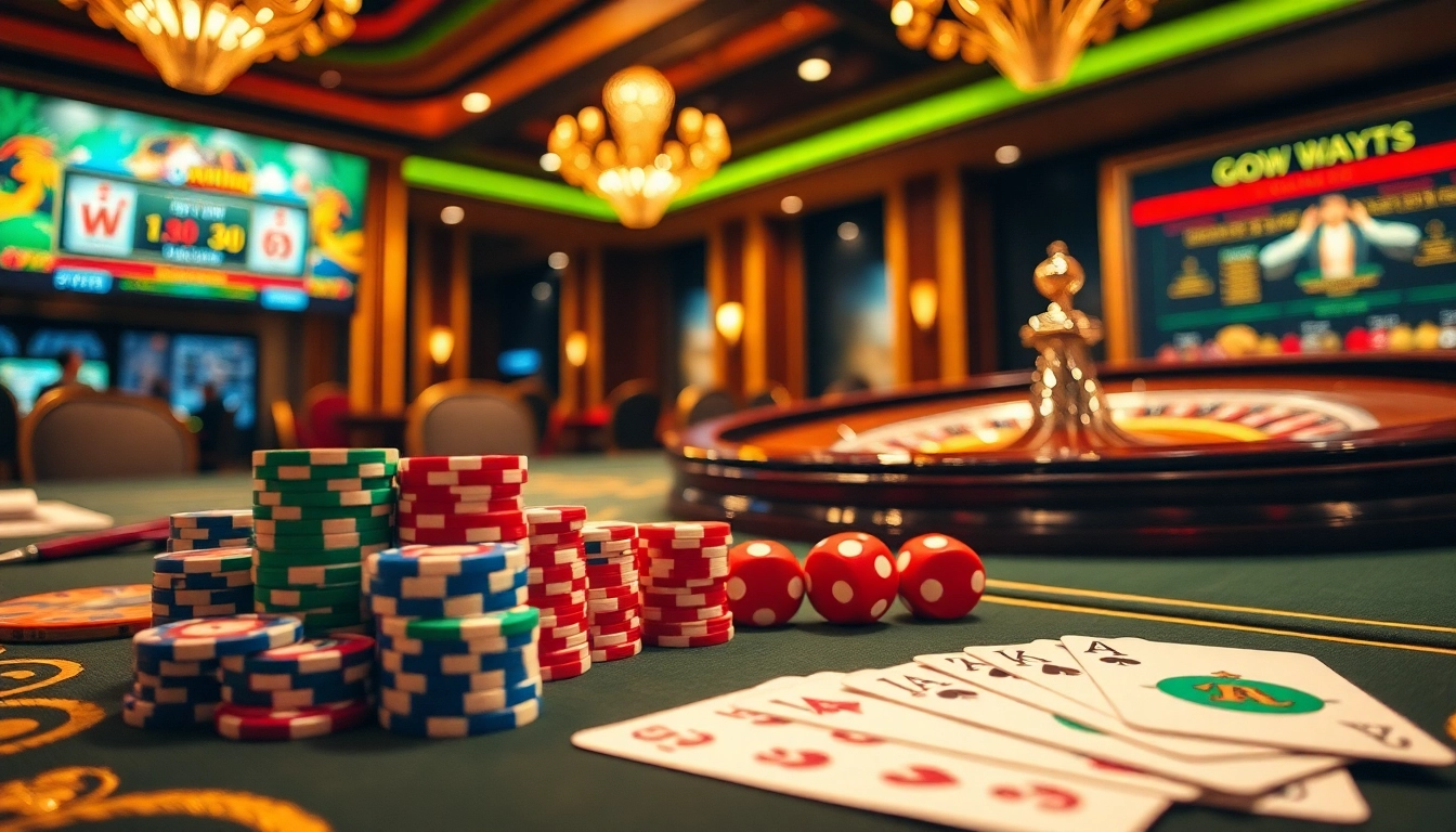 Engaging Gow Ways ออนไลน์ gaming scene with poker chips and rolling dice in an elegant casino setup.