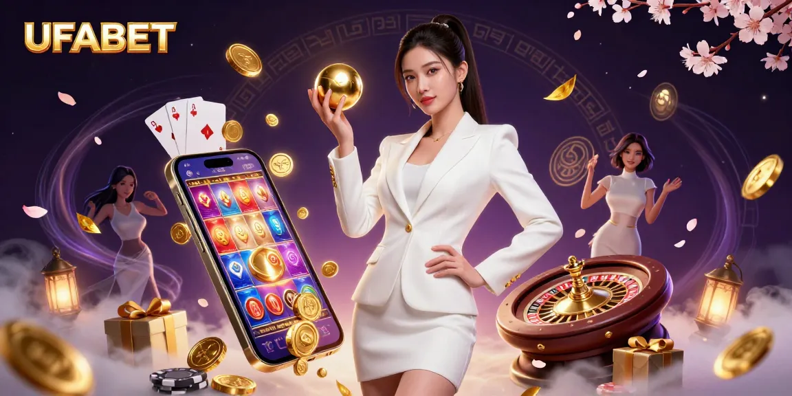 Experience the excitement at UFABET with a stunning Asian woman showcasing a roulette ball amidst dynamic casino elements.