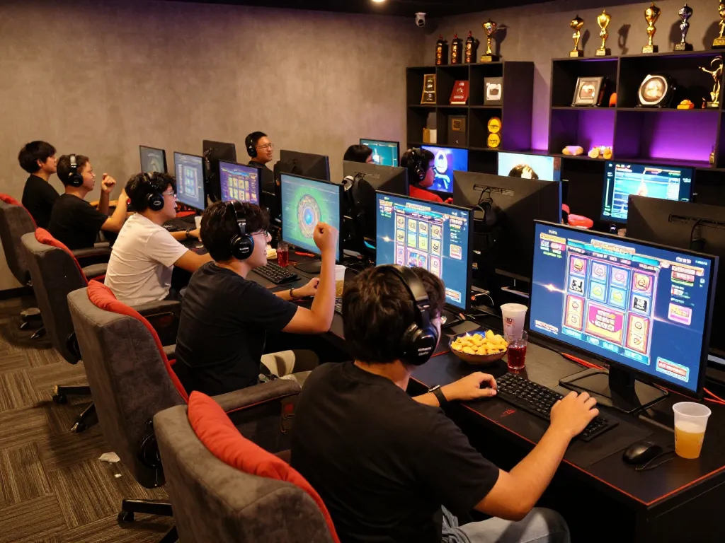 Suasana permainan yang menggugah yang menunjukkan pemain terlibat dengan permainan slot situs slot gacor dalam suasana lounge yang hidup.