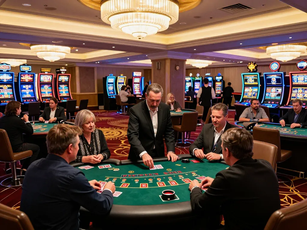 Players enjoying blackjack at a lively casino floor with elegant z16 atmosphere.