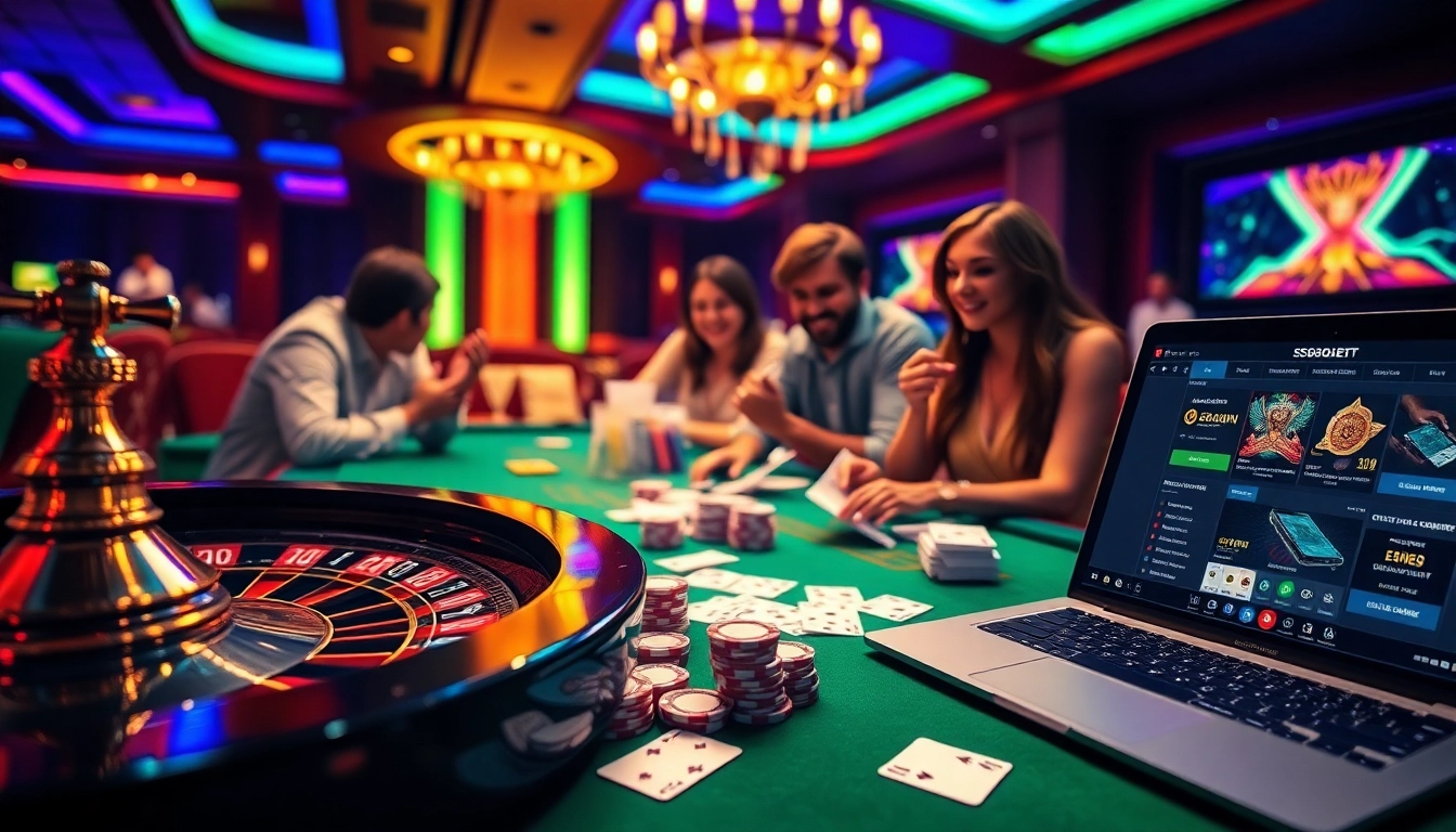 Engaged players enjoying sbobet with poker chips and roulette in a vibrant casino setting.
