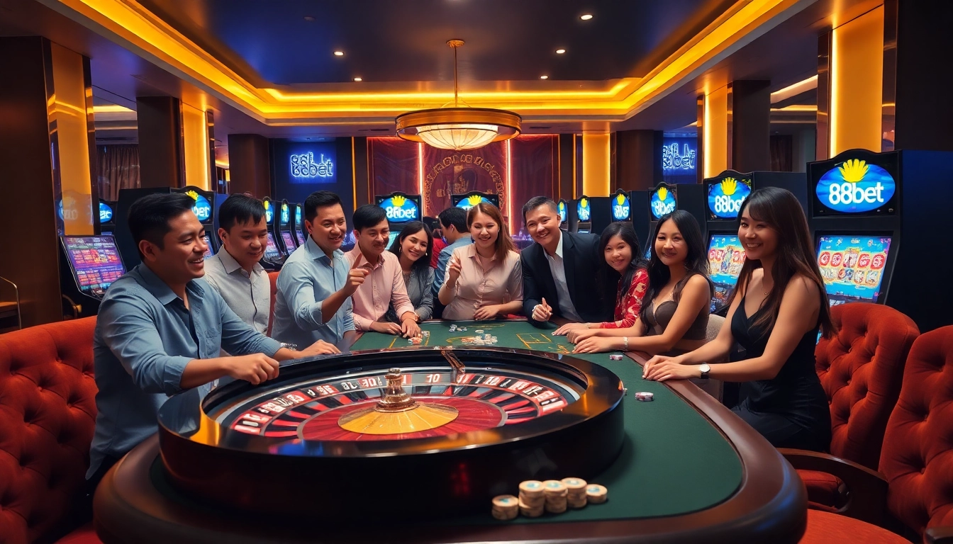Exciting gambling moment at 88bet casino table with players and poker chips.