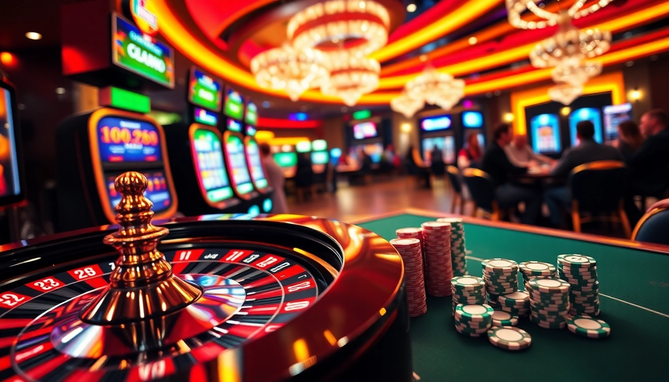 Escena de casino de VVVBet con ruleta, máquinas tragamonedas y fichas de póker que muestran la emoción de las apuestas en línea.