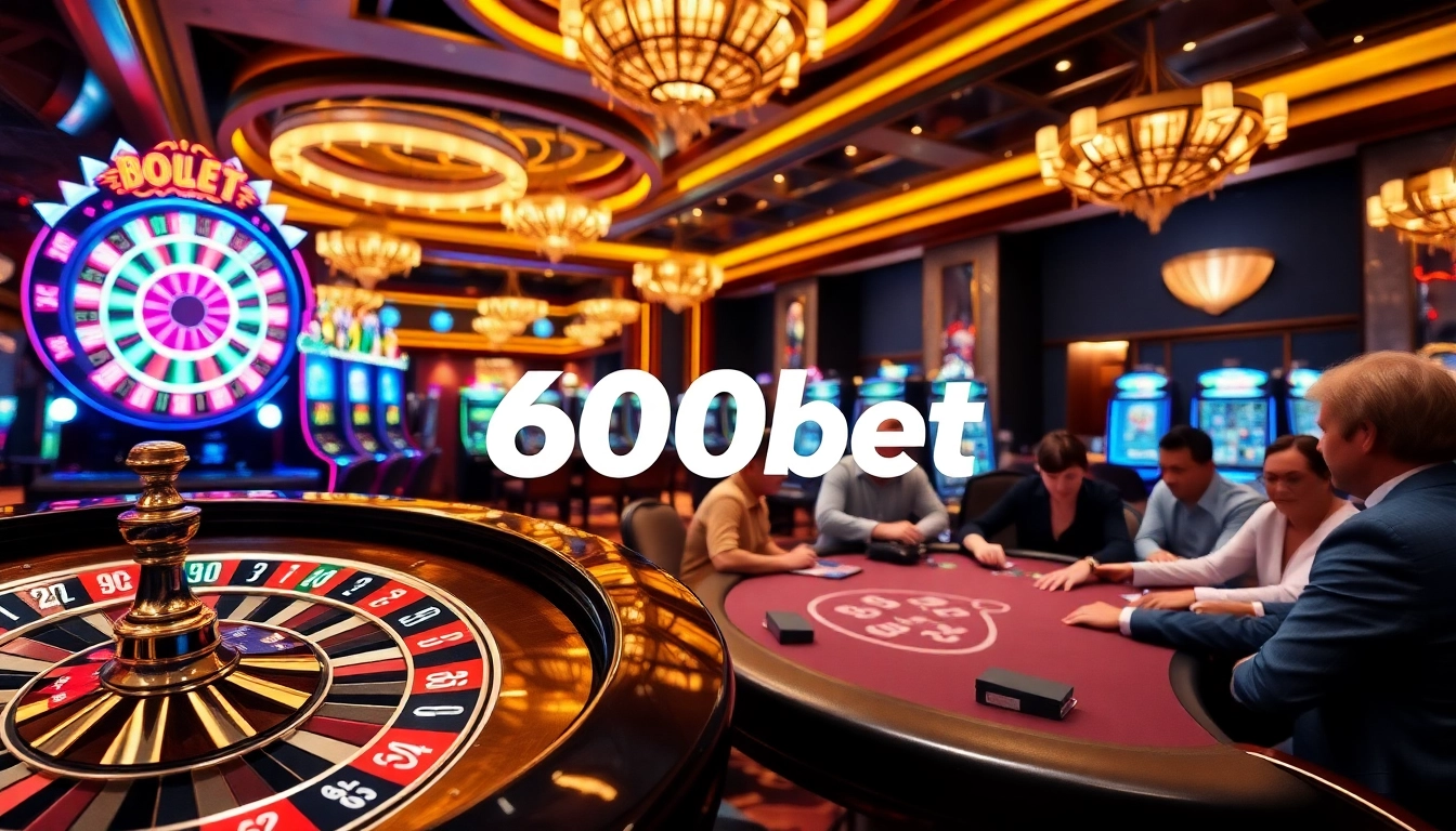Players enjoying a thrilling moment at 600bet casino games with roulette and colorful slot machines.