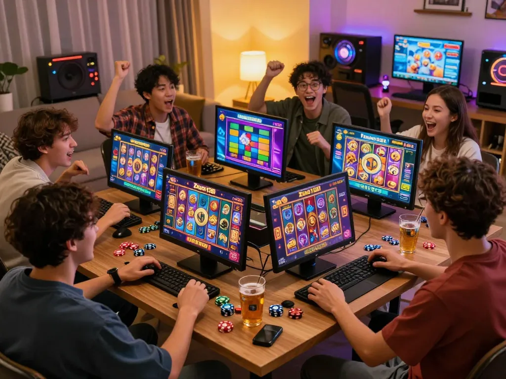 Excited players enjoying Zeus138's online slot games in a cozy gaming environment.