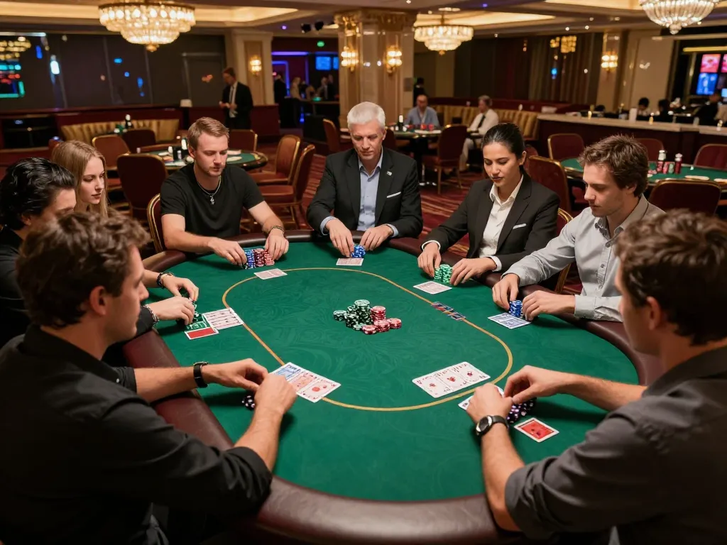 Players enjoy an intense poker match at a luxury casino, showcasing strategic gameplay with bl555.